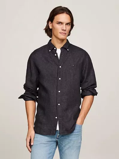 Tommy Hilfiger Μακρυμάνικo Λινό Πουκάμισο σε Κανονική Γραμμή Μαύρο