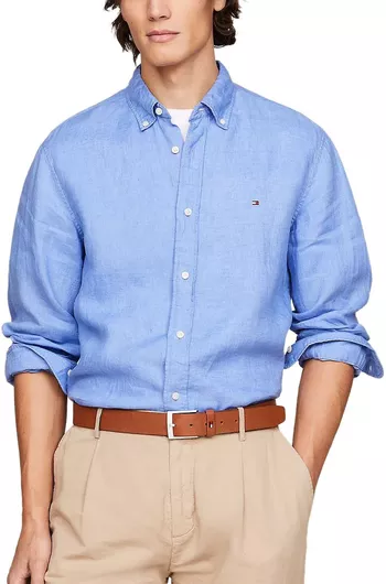 Tommy Hilfiger Μακρυμάνικo Λινό Πουκάμισο σε Κανονική Γραμμή ΓΑΛΑΖΙΟ