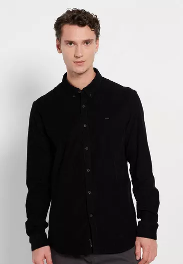 Funky Buddha Μακρυμάνικo Κοτλέ Πουκάμισο σε Κανονική Γραμμή Μαύρο