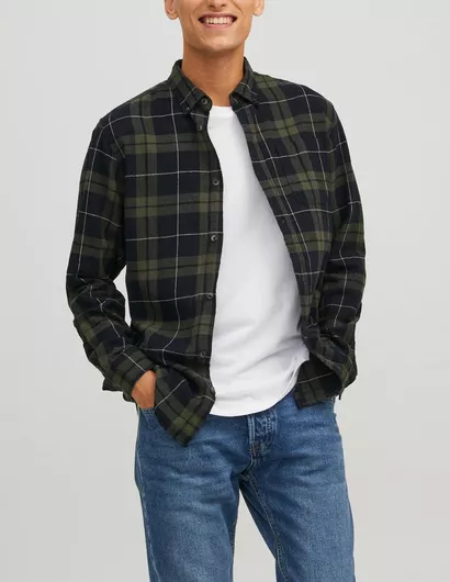 Jack & Jones Μακρυμάνικo Φανελένιο Πουκάμισο σε Κανονική Γραμμή Καρό Πράσινο