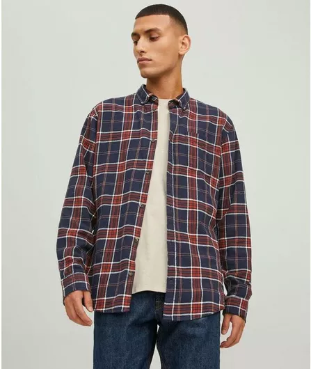 Jack & Jones Μακρυμάνικo Φανελένιο Πουκάμισο σε Κανονική Γραμμή Καρό Navy/Red