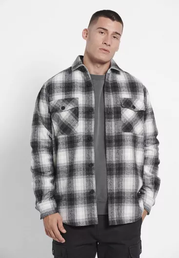 Funky Buddha Overshirt Μακρυμάνικo Φανελένιο Πουκάμισο σε Κανονική Γραμμή Καρό Μαύρο