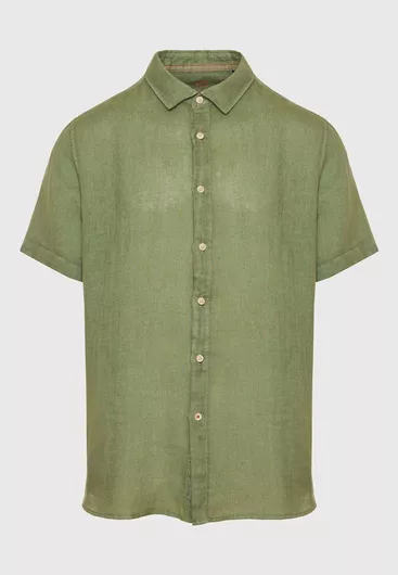 Funky Buddha Κοντομάνικο Λινό Πουκάμισο σε Κανονική Γραμμή Χακί