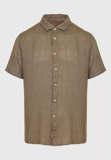 Funky Buddha Κοντομάνικο Λινό Πουκάμισο σε Κανονική Γραμμή Καφέ