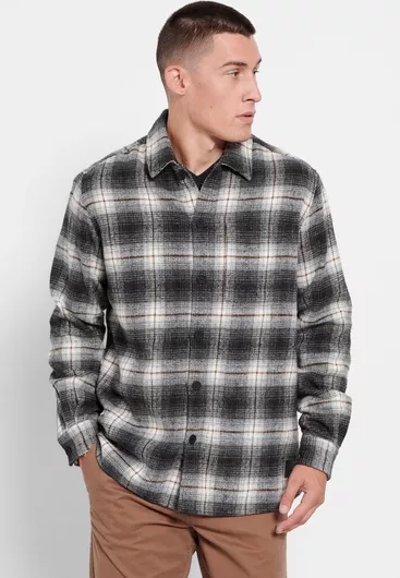 Funky Buddha Overshirt Μακρυμάνικo Φανελένιο Πουκάμισο σε Κανονική Γραμμή Καρό Γκρι