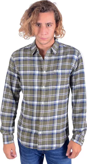 Wrangler W5F1B3XIX Μακρυμάνικo Βαμβακερό Πουκάμισο σε Στενή Γραμμή Καρό Γκρι / Χακί