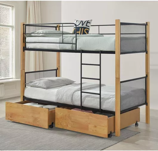 Παιδικό Κρεβάτι Κουκέτα Μονό με Αποθηκευτικό Χώρο για Στρώμα 90x190cm Μαύρο/Φυσικό