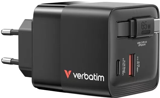 Verbatim Φορτιστής με Ενσωματωμένο Καλώδιο GaN με Θύρα USB-A & Θύρα USB-C USB-C 65W Power Delivery/Quick Charge 3.0 Μαύρος 32217