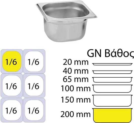 Σκεύος Gastronorm KAPP Ανοξείδωτο GN1/6 με Βάθος 200mm