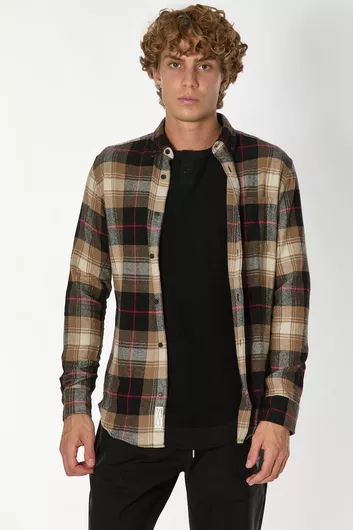 Jack & Jones Μακρυμάνικo Φανελένιο Πουκάμισο σε Στενή Γραμμή Καρό Καφέ