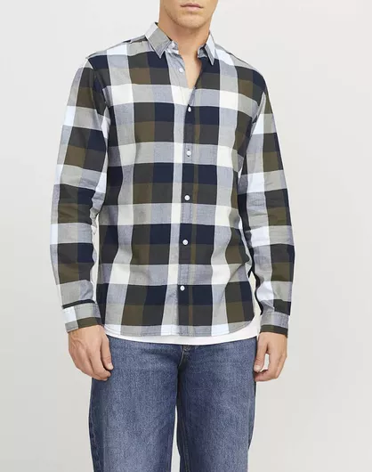 Jack & Jones Μακρυμάνικo Βαμβακερό Πουκάμισο σε Κανονική Γραμμή Καρό Dusty Olive
