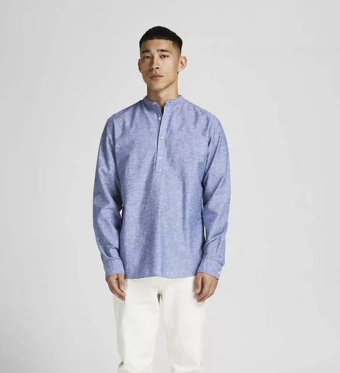 Jack & Jones Μακρυμάνικo Λινό Πουκάμισο σε Στενή Γραμμή Faded Denim