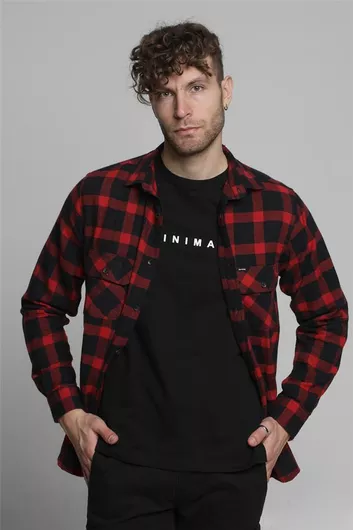 Double Overshirt Μακρυμάνικo Φανελένιο Πουκάμισο Καρό Κόκκινο