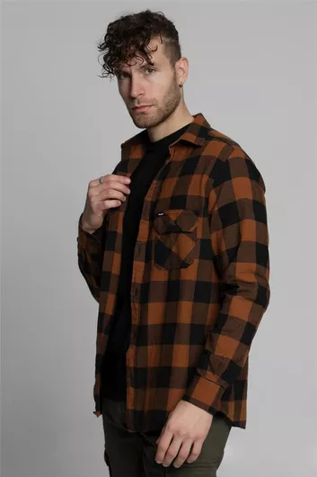 Double Overshirt Μακρυμάνικo Φανελένιο Πουκάμισο Καρό Καφέ