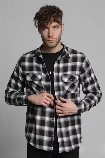 Double Overshirt Μακρυμάνικo Φανελένιο Πουκάμισο Καρό Black/white