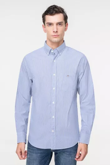 Μακρυμάνικo Βαμβακερό Πουκάμισο σε Κανονική Γραμμή Ριγέ College Blue