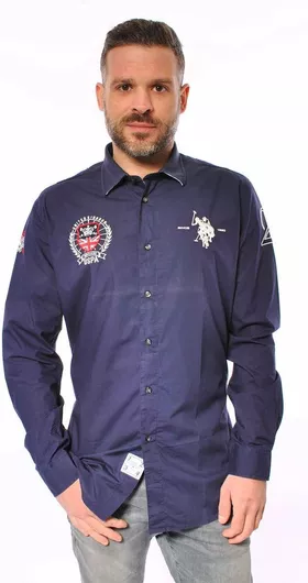 U.S. Polo Assn. Μακρυμάνικo Πουκάμισο σε Κανονική Γραμμή Μπλε
