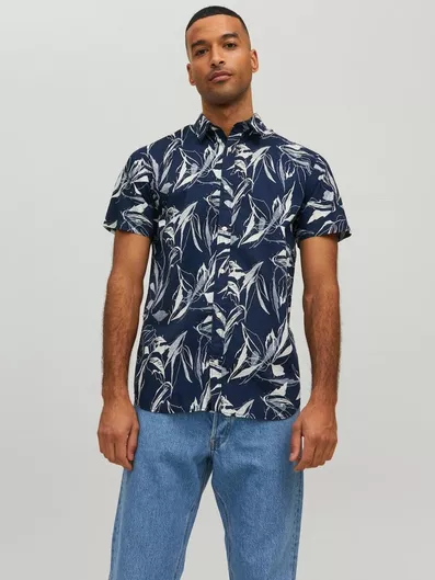 Jack & Jones Κοντομάνικο Βαμβακερό Πουκάμισο σε Κανονική Γραμμή Floral Navy Μπλε