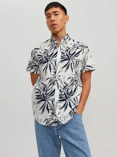 Jack & Jones Κοντομάνικο Βαμβακερό Πουκάμισο Κανονική Γραμμή Floral Cloud Dancer