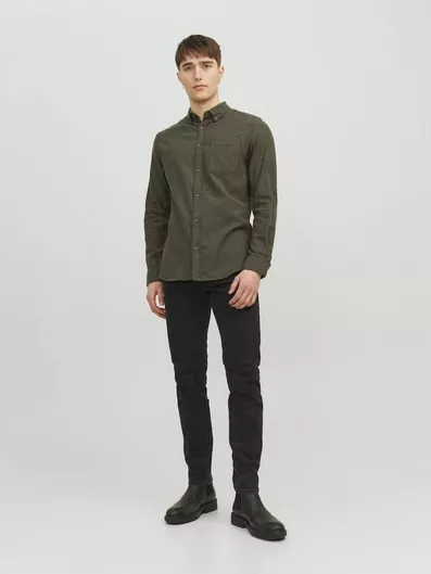 Jack & Jones Μακρυμάνικo Βαμβακερό Πουκάμισο σε Στενή Γραμμή Λαδί