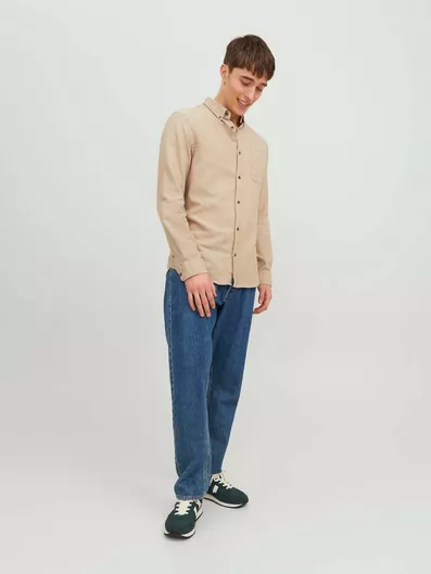 Jack & Jones Melange Μακρυμάνικo Φανελένιο Πουκάμισο σε Στενή Γραμμή Oatmeal
