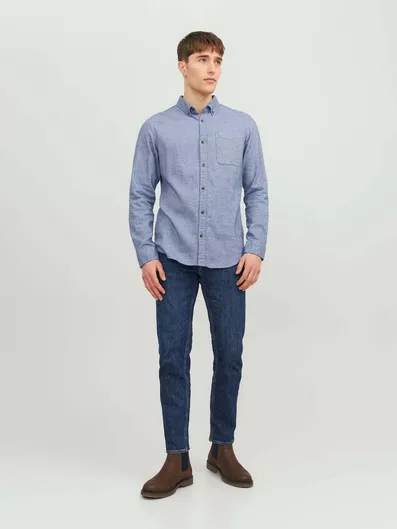 Jack & Jones Μακρυμάνικo Φανελένιο Πουκάμισο Στενή Γραμμή Μπλε / Faded Denim
