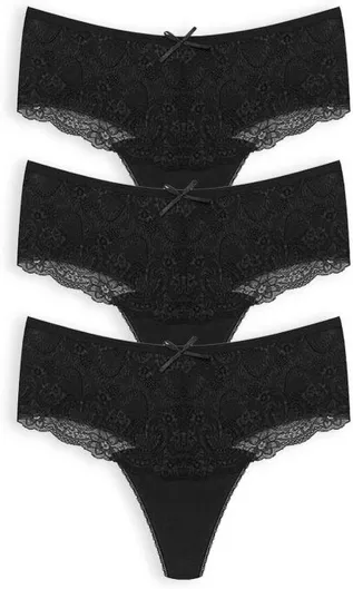 Βαμβακερά Ψηλόμεσα Γυναικεία String 3Pack με Δαντέλα Black