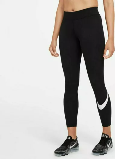 Nike Essential Mid-Rise Swoosh Γυναικείο Μακρύ Κολάν Μαύρο