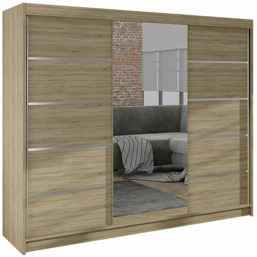 Ντουλάπα Ρούχων Τρίφυλλη Συρόμενη Derby VI με Καθρέπτη Δρυς 200x58x215cm