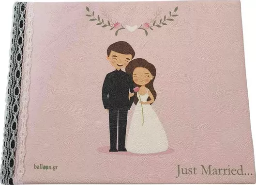 Βιβλίο Ευχών Γάμου "Just Married" με ζευγάρι. Αφήστε ανεξίτηλες της αναμνήσεις σας! Σελίδες: 45 Διαστάσεις: 28 x 21 cm.