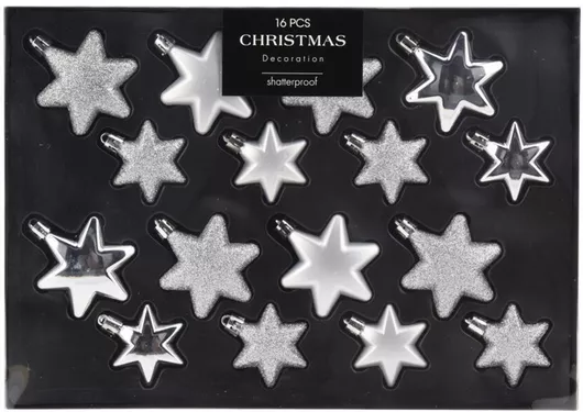 Σετ Χριστουγεννιάτικα Στολίδια Αστέρια 16 Τεμαχίων 3 Σχεδίων Ασημί