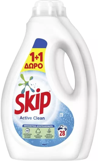 Υγρό Απορρυπαντικό Ρούχων Skip Active Clean για Χρωματιστά Ρούχα 2.884lt 28 Μεζούρες 2τμχ 1+1 Δώρο
