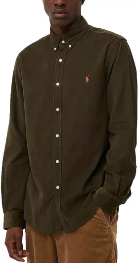 Ralph Lauren Μακρυμάνικo Κοτλέ Πουκάμισο Στενή Γραμμή Χακί