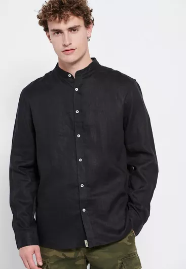 Funky Buddha Μακρυμάνικo Λινό Πουκάμισο σε Κανονική Γραμμή Μαύρο