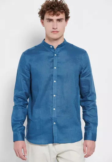 Funky Buddha Μακρυμάνικo Λινό Πουκάμισο σε Κανονική Γραμμή Μπλε