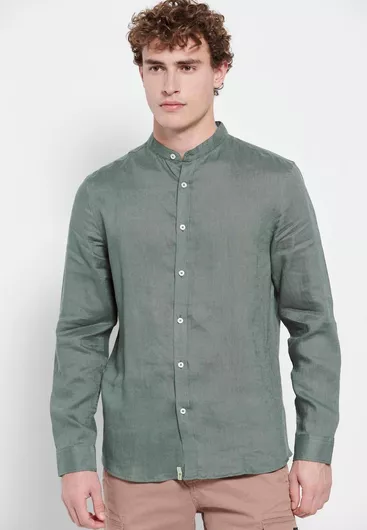 Funky Buddha Μακρυμάνικo Λινό Πουκάμισο σε Κανονική Γραμμή Dusty Green