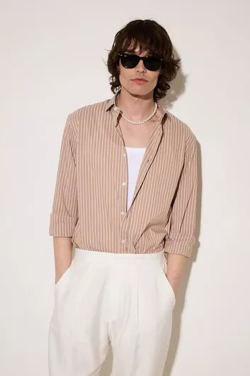 Stefan Fashion Μακρυμάνικo Πουκάμισο σε Στενή Γραμμή Ριγέ Beige
