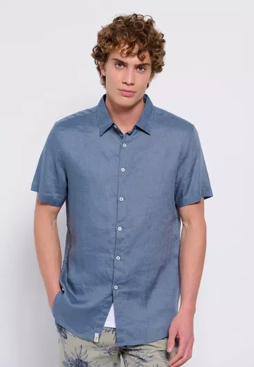 Funky Buddha Κοντομάνικο Λινό Πουκάμισο σε Κανονική Γραμμή Dusty Blue