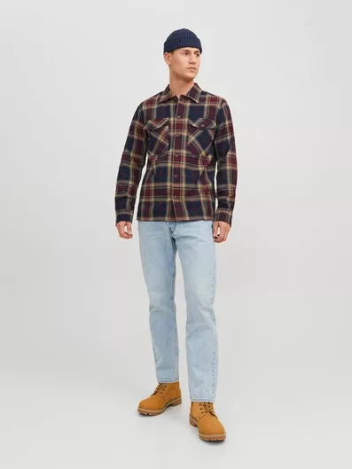 Jack & Jones Μακρυμάνικο Φανελένιο Καρό Πουκάμισο Κανονική Γραμμή Μπορντό