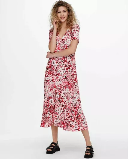 Only Midi Καλοκαιρινό All Day Φόρεμα Κοντομάνικο Red Floral