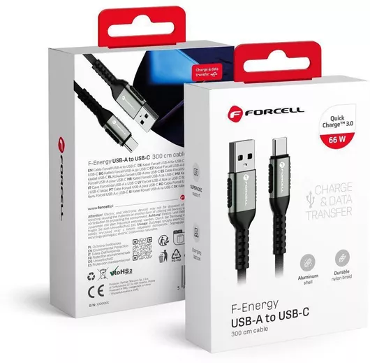 USB 2.0 Cable USB-C male - USB-A/USB-C 66W Μαύρο 3m