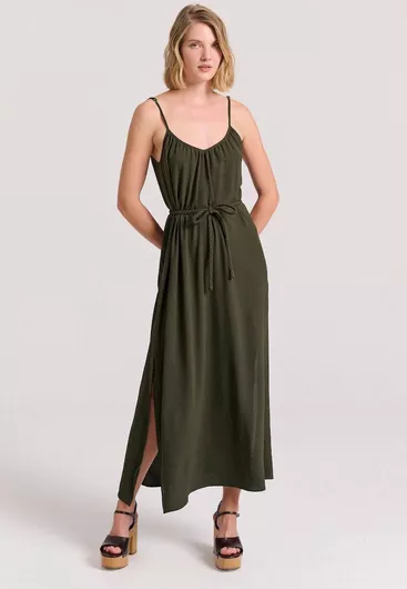 Funky Buddha Maxi Φόρεμα με Σκίσιμο Λαδί