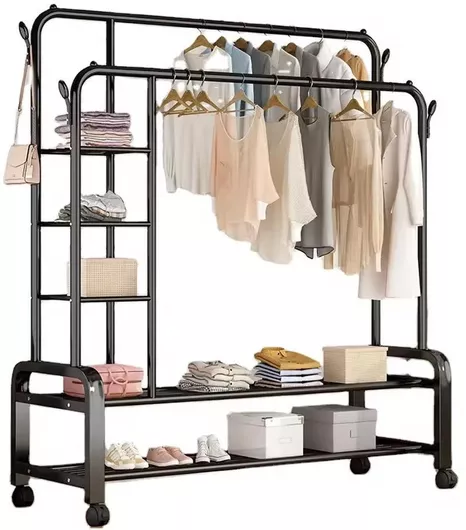 Factory Τροχήλατη Κρεμάστρα Δαπέδου από Μέταλλο Μαύρη 110x160cm