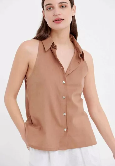 Funky Buddha Αμάνικο Γυναικείο Λινό Πουκάμισο Brownie Μονόχρωμο