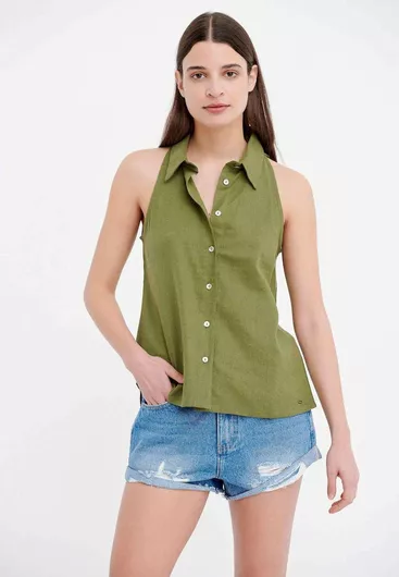 Funky Buddha Αμάνικο Γυναικείο Λινό Πουκάμισο Χακί Μονόχρωμο