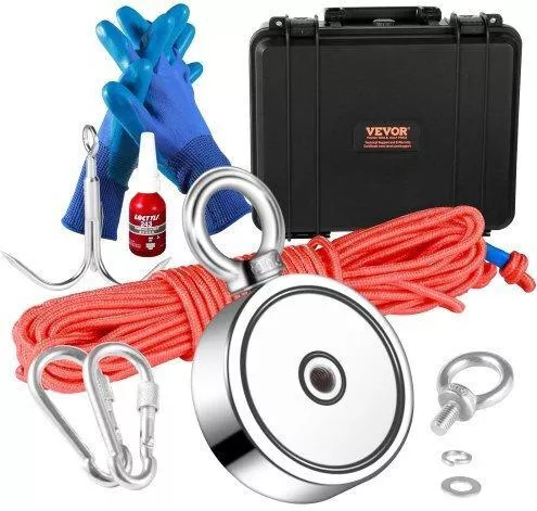 Vevor Magnetic Fishing Set 1200lbs DoubleSided Pull Force 2.95" Magnet with Rope, Hook, Gloves, Waterproof Case Cxdytzsm1200tnz8sv0