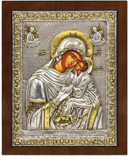 Εικόνα Παναγία Γλυκοφιλούσα Πάτμου από Ασήμι 925 με Επιχρύσωμα 24K & Καφέ Πλαίσιο 31x25cm