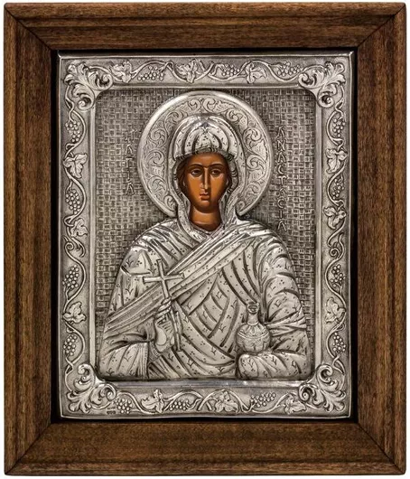 Εικόνα Αγία Αναστασία Φαρμακολύτρια από Ασήμι 925 με Καφέ Πλαίσιο 26.5x22.5cm