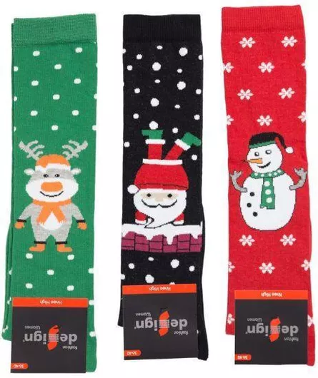 Γυναικείες χριστουγεννιάτικες κάλτσες knee high Design SNOW 3 ζευγάρια Βαμβακερές Κόκκινο