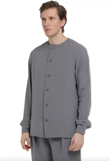 NÉ EN AOÛT Viscose Fabric Shirt No Collar And Back Pleats In Grey | Γκρι Πουκάμισο